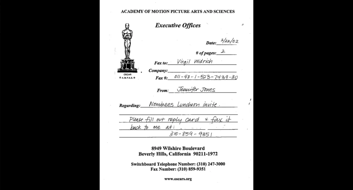 Ein Fax der Academy of Motion Picture Arts and Sciences, 2002