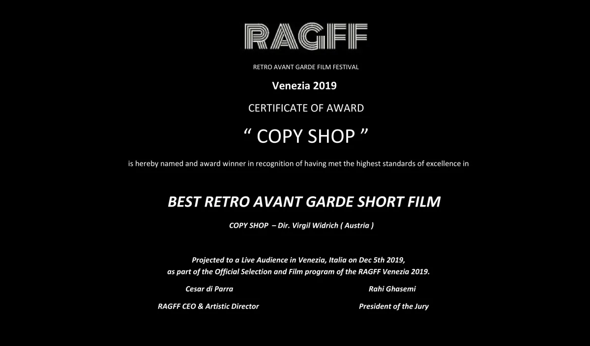 RAGFF Venezia – Italien – Best Retro Avant Garde Short Film ★