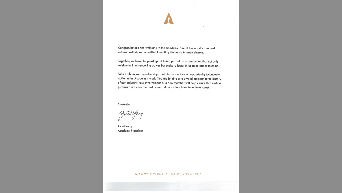 Acceptance letter from the Academy of Motion Picture Arts and Sciences, 2024