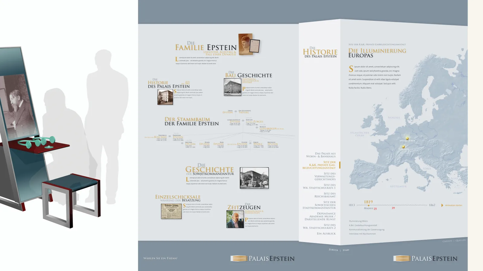 Palais Epstein, Entwürfe der Ausstellungsmöbel: Carl Auböck, Graphik user interface: Hoch2